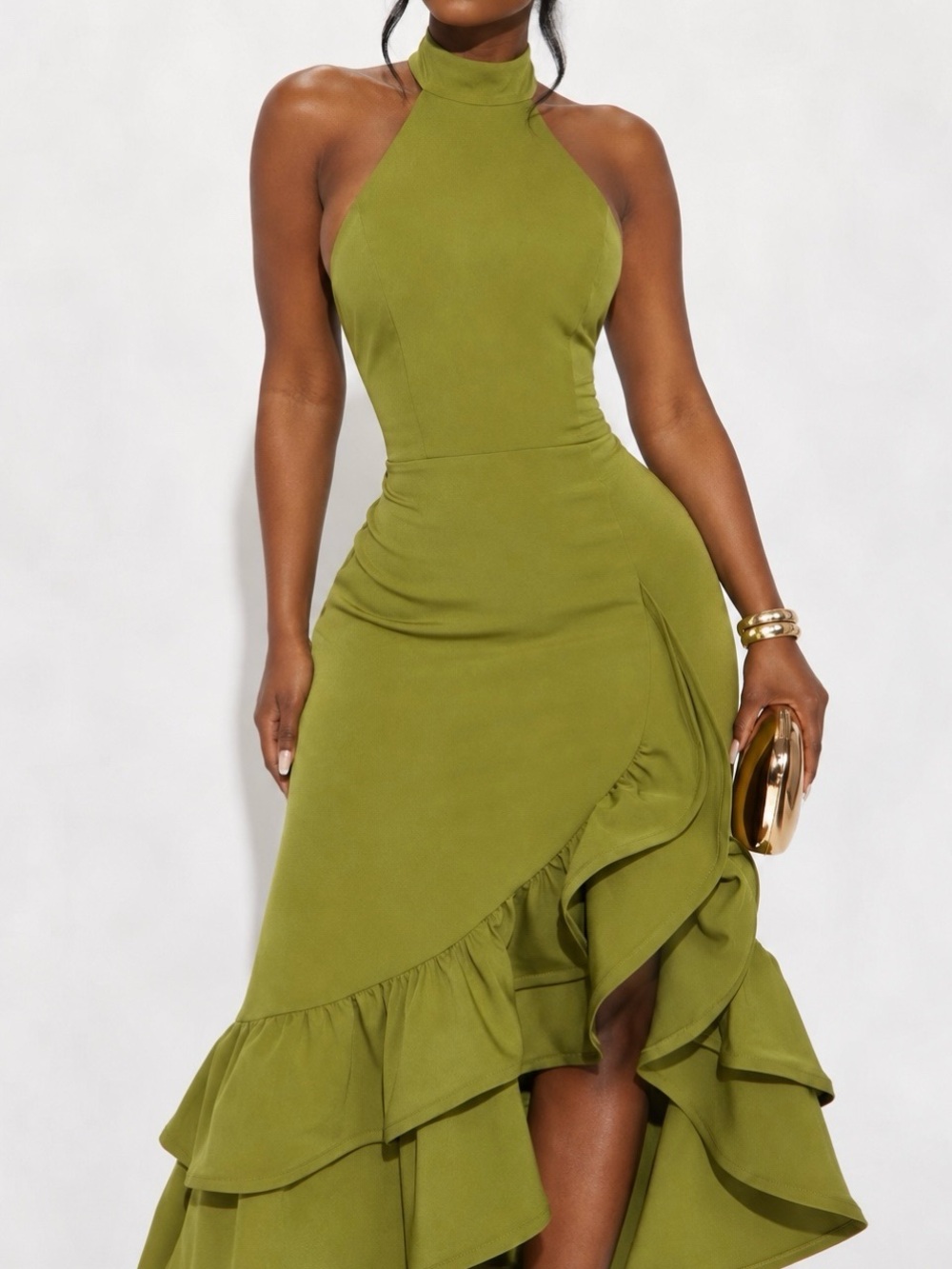 Fashion Nova Olive Green Halter Ruffle Maxi Dress